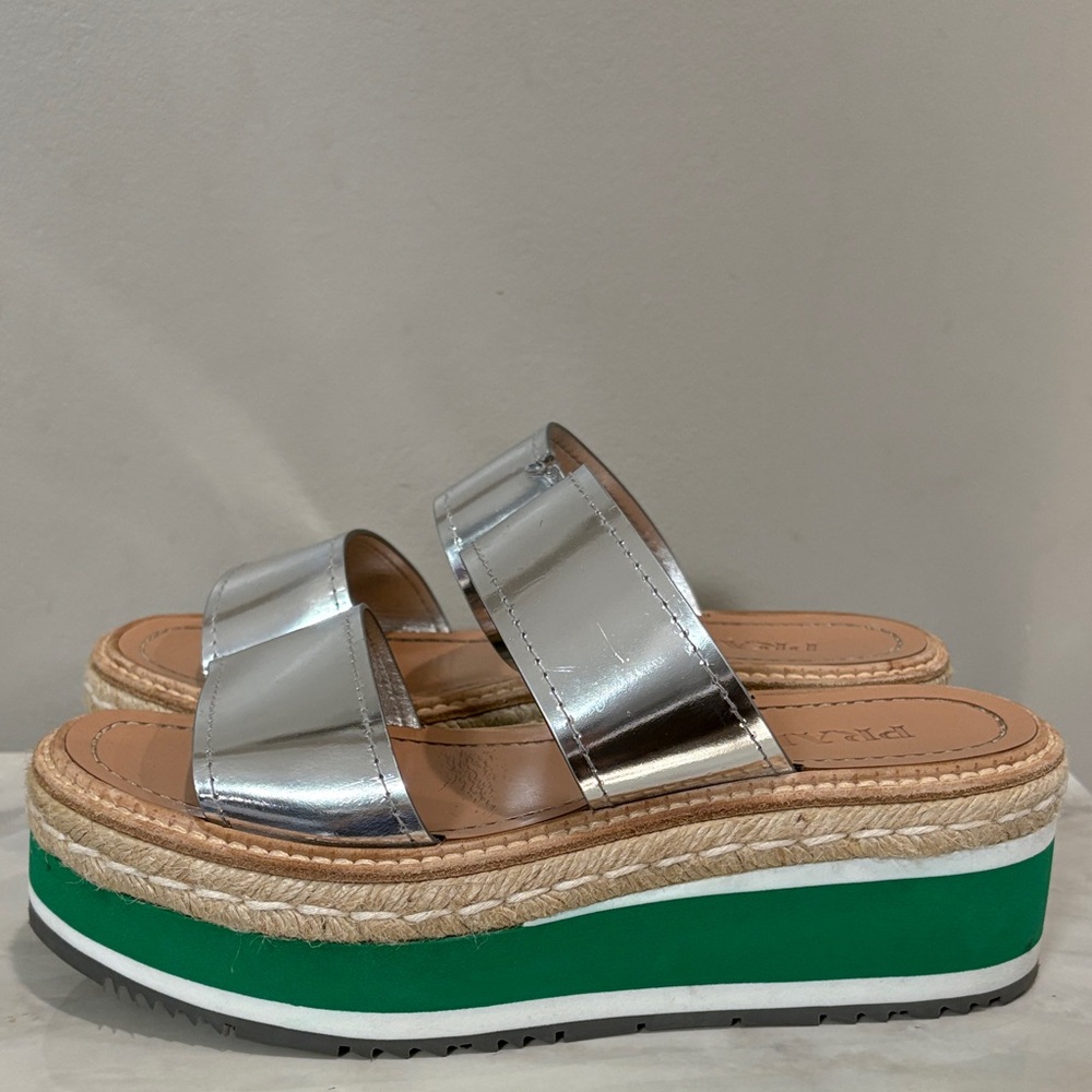 Prada Silver and Green Platform Metallic Two Band Espadrille Slides 37.5 7.5 - Picture 2 of 13